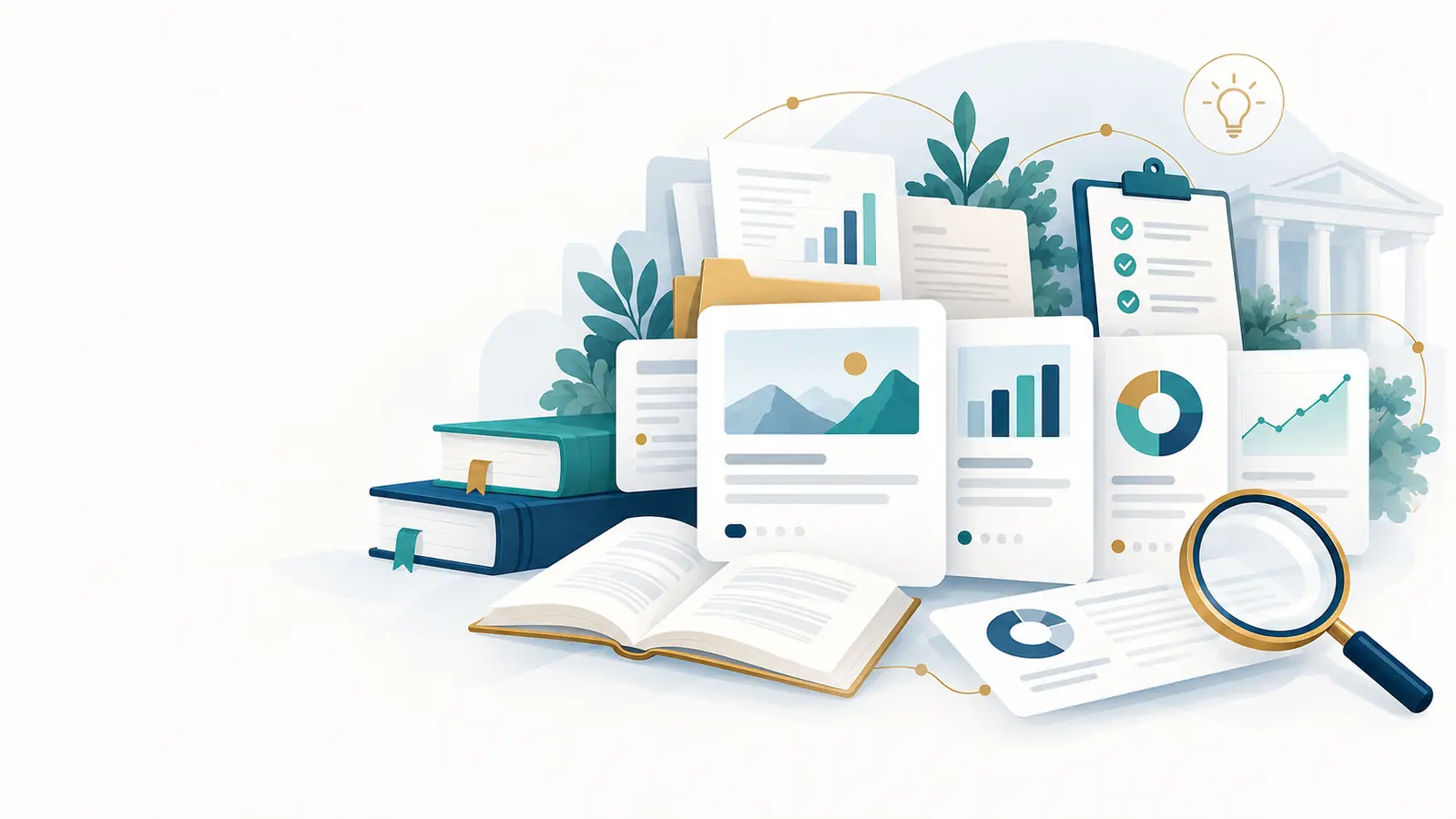 Illustration of a learning library with broker research pages, charts, books and a magnifying glass