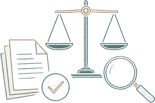 Transparent line illustration of source records, a checkmark, magnifying glass and balanced scales