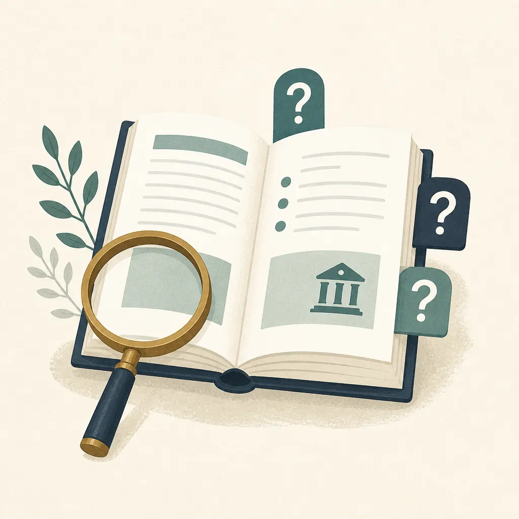 Illustration of an open guidebook, magnifying glass and question-mark tabs