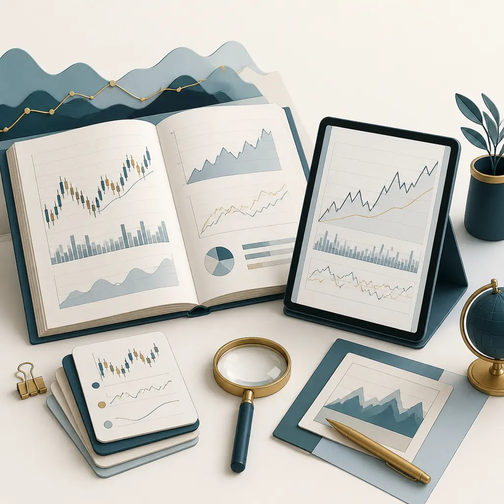 Illustration of an open trading guide and tablet with simplified market charts