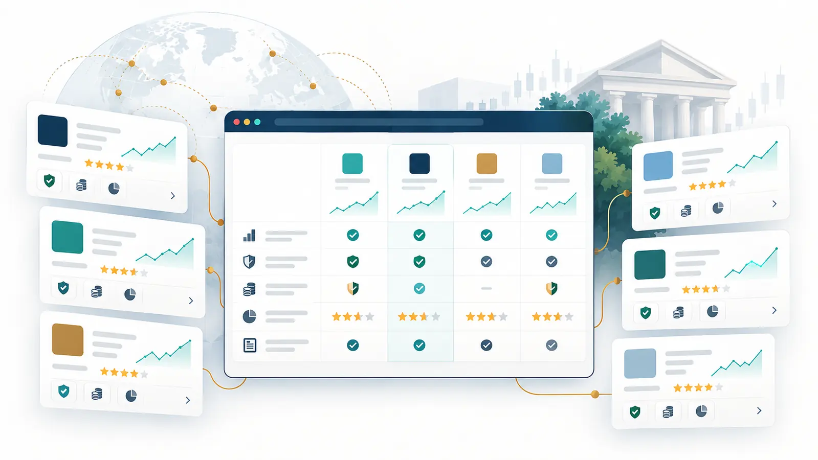 Illustration of broker review cards compared by fees, protection and market information